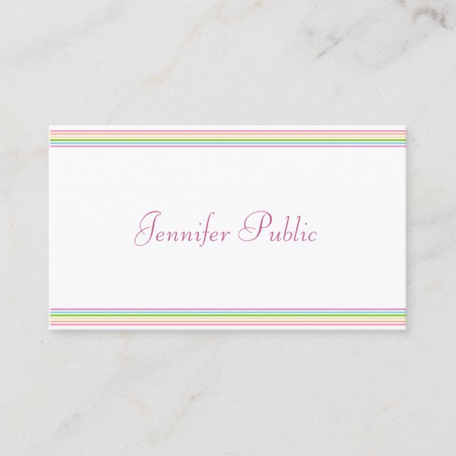 Modern Hand Script Colourful Stripes Template Business Card (Front)