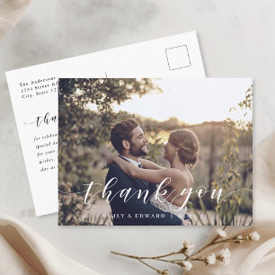 Modern Hand Script Photo Wedding Thank You Postcard