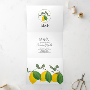 Modern Hand Watercolor Lemon Greenery Wedding Tri-Fold Invitation
