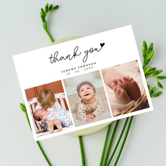Modern Hand-written 3 Photo Baby Shower Thank You Card (Creator Uploaded)