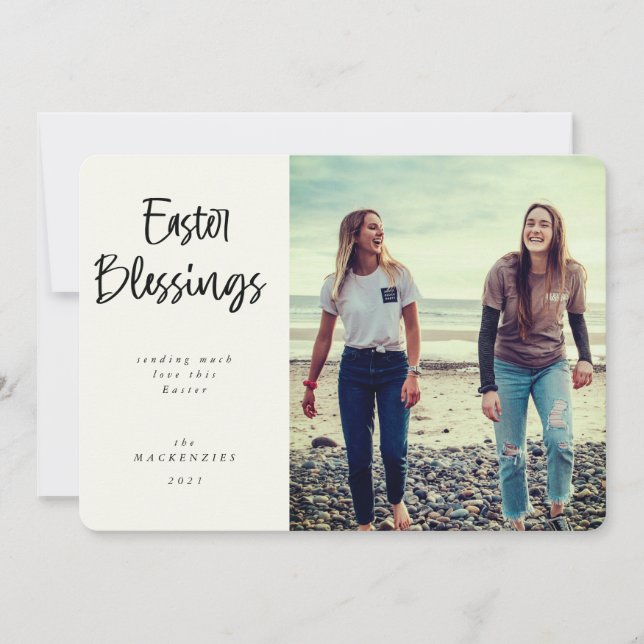 Modern Hand Written Script Easter Blessings Photo Holiday Card (Front)