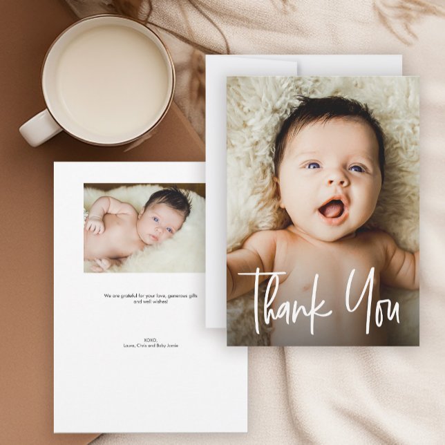 Modern Handlettering 2 Custom Photos Baby Shower  Thank You Card (Modern, Simple Thank you overlay baby photos.)