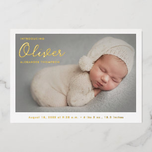 Modern Handlettering Baby Boy Name Custom Photo Foil Holiday Card