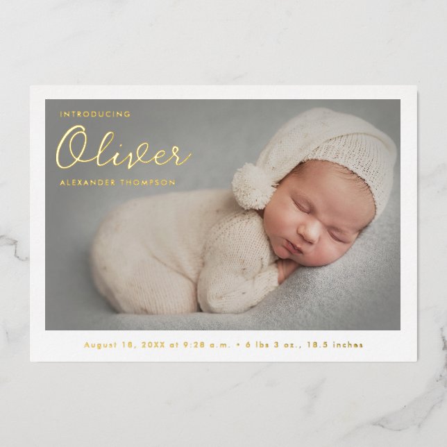 Modern Handlettering Baby Boy Name Custom Photo  Foil Holiday Card (Front)
