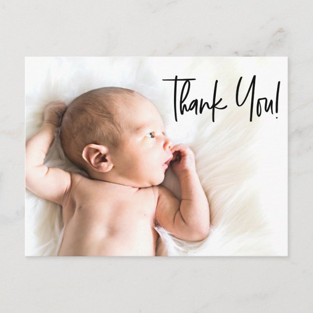Modern Handlettering Baby Photo Birth Thank You Postcard (Front)