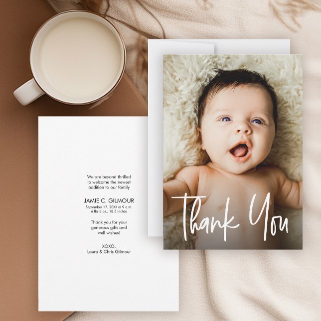Modern Handlettering Baby Photo Thank you Card (Share your baby's photo, birth stats and thank those who have showered your with love.)
