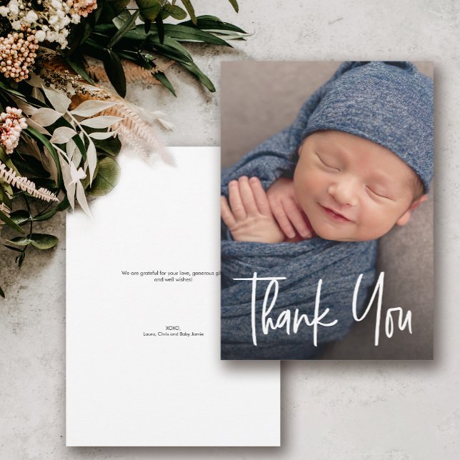Modern Handlettering Custom Baby Shower Boy Photo Thank You Card (Modern handlettering script baby boy photo shower thank you card.)