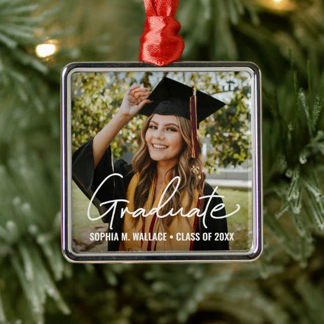 Modern Handlettering Graduate Personalised Photo Metal Tree Decoration (Tree)