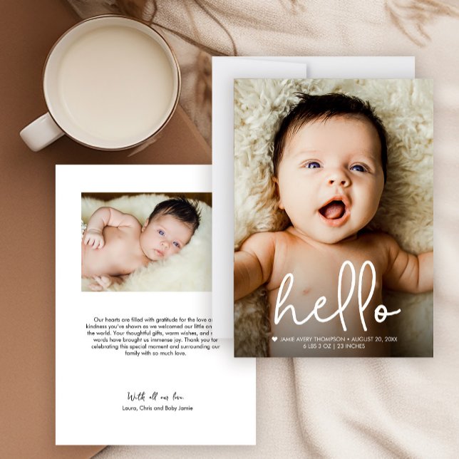Modern Handlettering Hello Custom Baby Photos Announcement (Hello modern script baby birth announcement minimalist photo thank you card.)