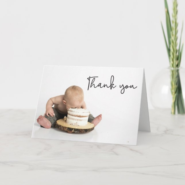 Modern handlettering Photo Baby Boy First Birthday Thank You Card (Front)