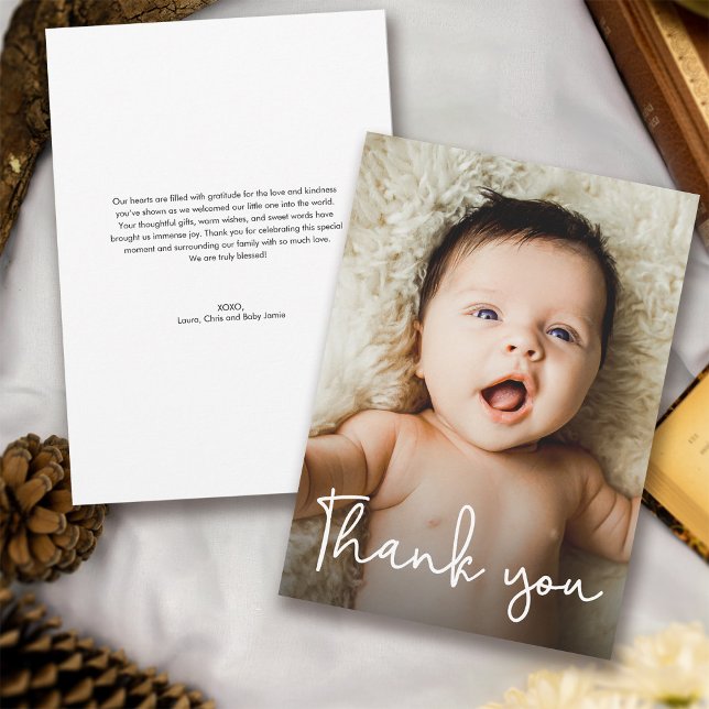 Modern Handlettering Script Baby Shower Photo Thank You Card (Trendy Handlettering script baby shower thank you wording photo card.)