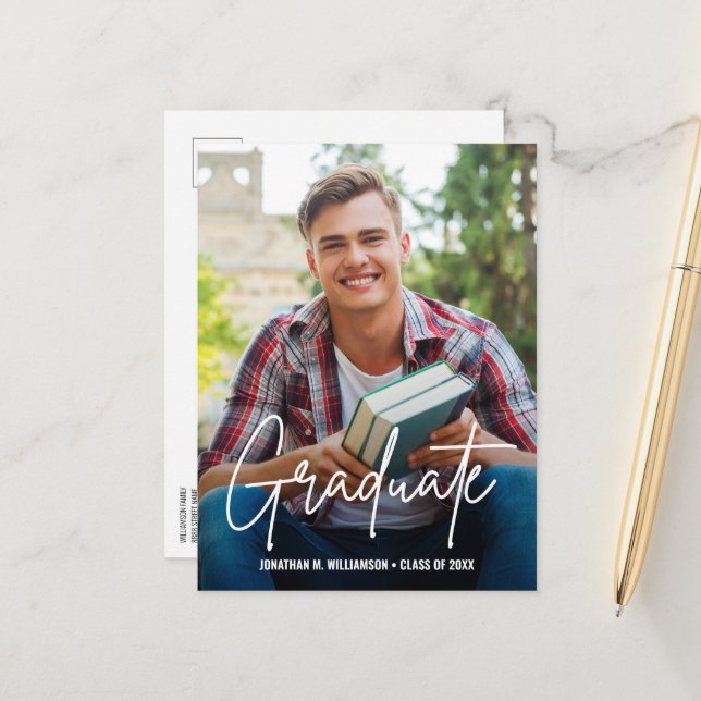 Modern Handlettering Script Graduate Custom Photo  Announcement Postcard (Front/Back In Situ)
