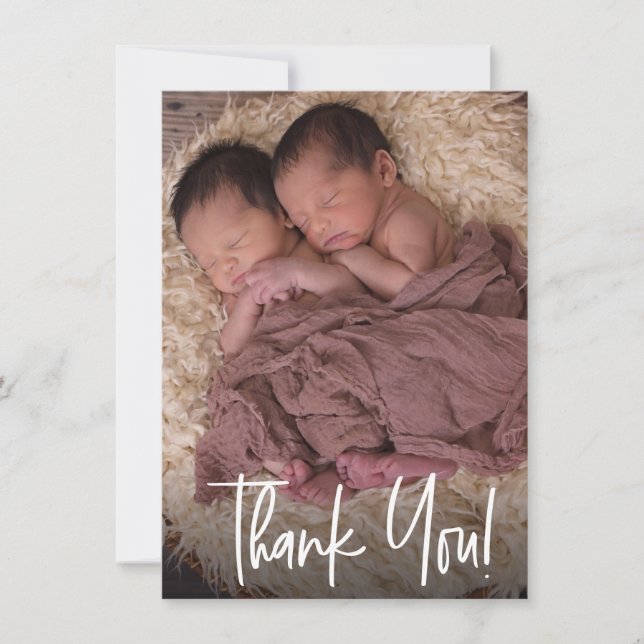 Modern Handlettering Twins Photo Baby Shower  Thank You Card (Front)