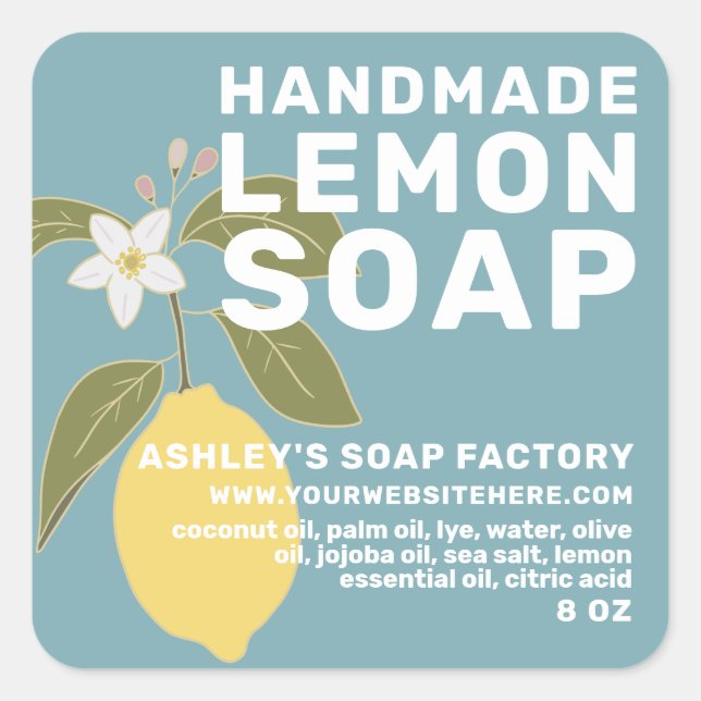 Modern Handmade Lemon Soap Botanical Blue Square Sticker (Front)