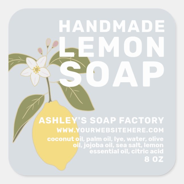 Modern Handmade Lemon Soap Botanical Blue Square Sticker (Front)