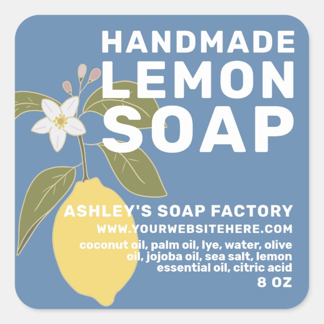 Modern Handmade Lemon Soap Botanical Green Square Sticker (Front)