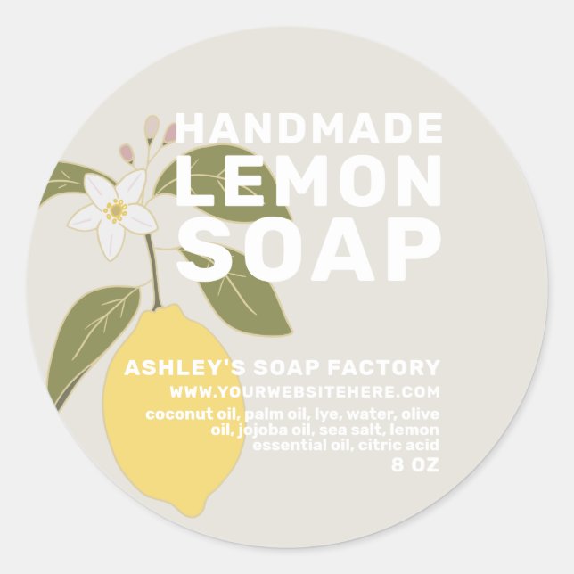 Modern Handmade Lemon Soap Botanical Grey Classic Round Sticker (Front)