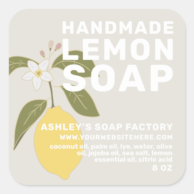 Modern Handmade Lemon Soap Botanical Grey Square Sticker (Front)