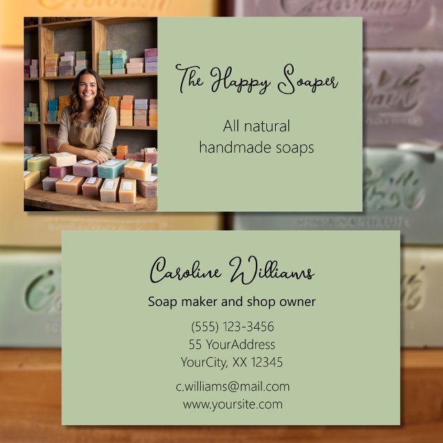 Modern handmade soap shop soaper sage green business card (Creator Uploaded)