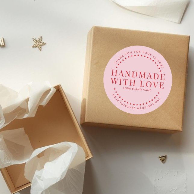 Modern handmade with love pink thank you classic round sticker (Creator Uploaded)