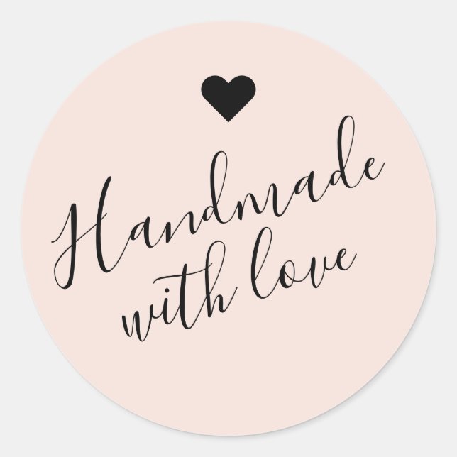 Modern handmade with love script beige heart classic round sticker (Front)