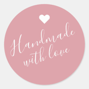 Modern handmade with love script dusty pink heart classic round sticker