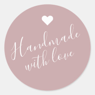 Modern handmade with love script light brown heart classic round sticker