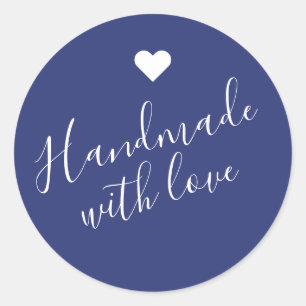 Modern handmade with love script navy blue heart classic round sticker