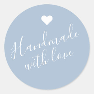 Modern handmade with love script pastel blue heart classic round sticker