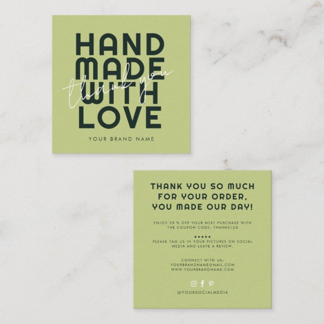 Modern handmade with love thank you square business card (Front/Back)