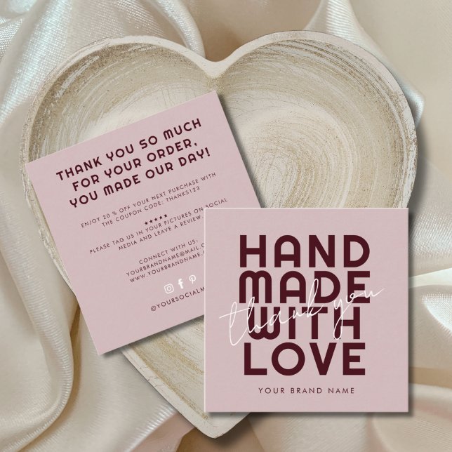 Modern handmade with love thank you square business card (Creator Uploaded)