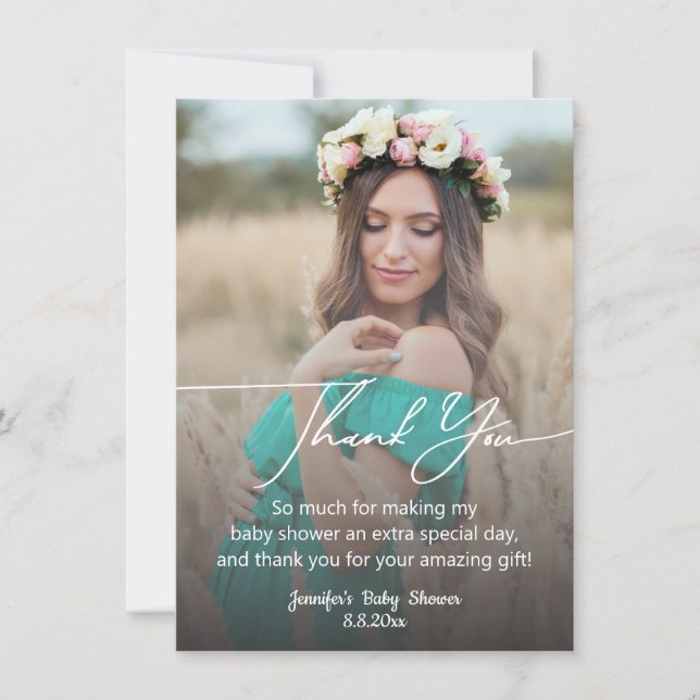 modern handwriting baby shower photo thank you card (Front)