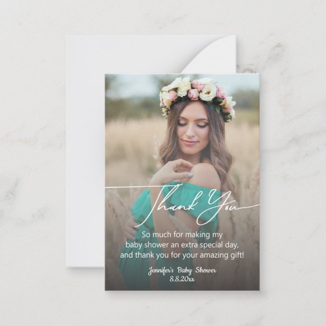 modern handwriting baby shower photo thank you card (Front)