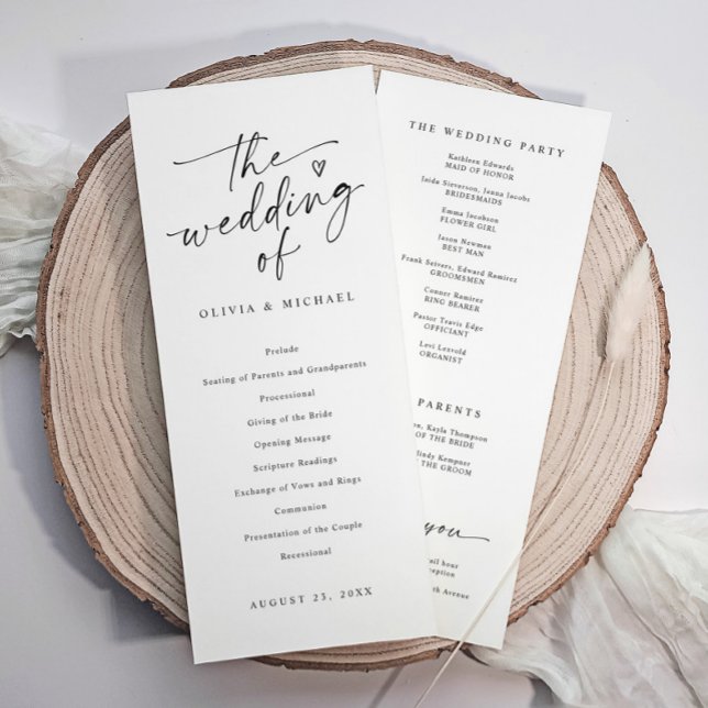 Modern Handwriting Black & White Wedding Ceremony Programme (Modern black and white wedding program with elegant script, heart, and ceremony details.)