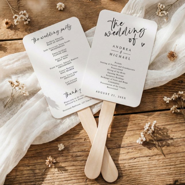 Modern Handwriting Black & White Wedding Programs Hand Fan (Modern black and white wedding program fan with “the wedding of” in handwritten script)