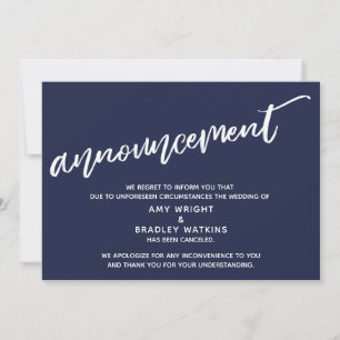 Modern Handwriting Cancelled Wedding Navy Blue Invitation
