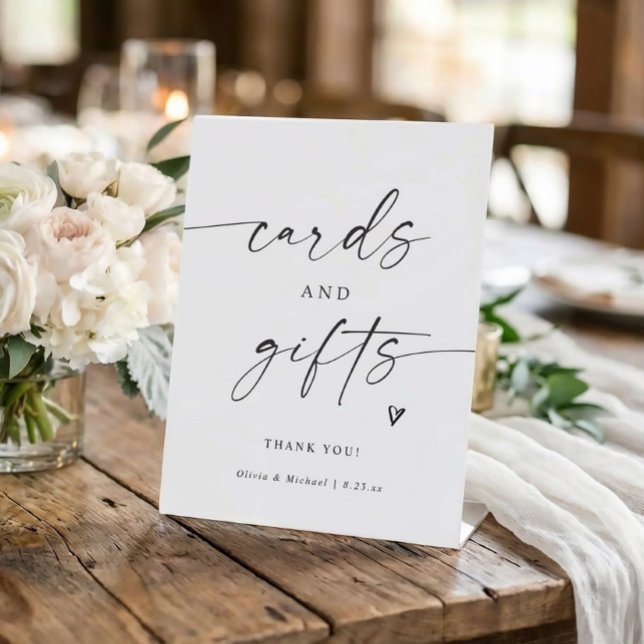 Modern Handwriting Cards & Gifts Wedding Pedestal Sign (Modern cards and gifts sign in elegant handwriting with heart - black and white.)