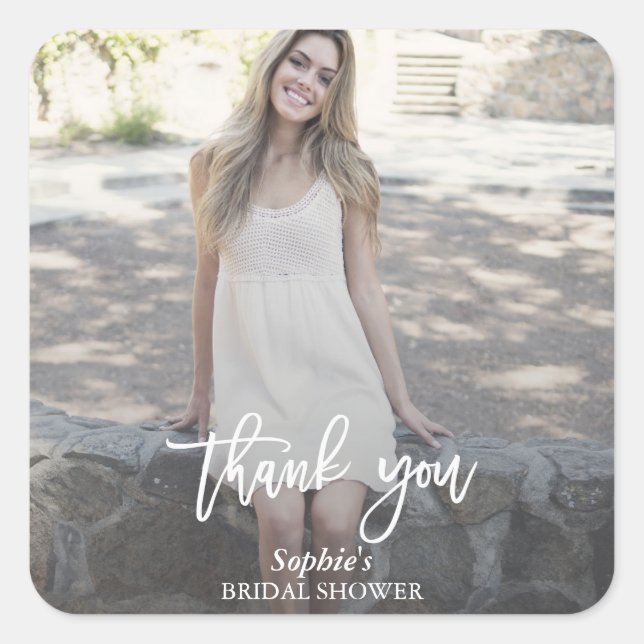 Modern Handwriting Custom Photo Bridal Shower Square Sticker (Front)