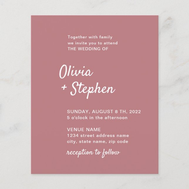 Modern Handwriting. Dusty Rose white Wedding Invit Flyer (Front)
