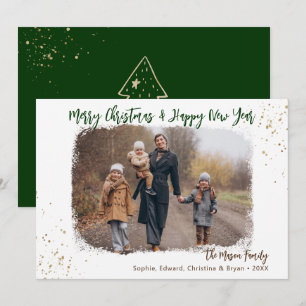 Modern Handwriting Green Gold Christmas Photo Holiday Card
