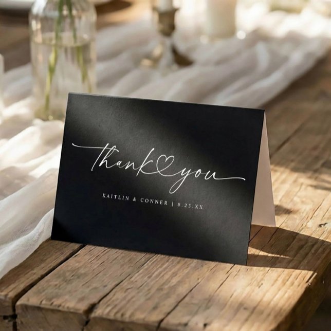 Modern Handwriting Heart Black and White Wedding Thank You Card (Folded black and white wedding thank you card with handwritten script and heart)