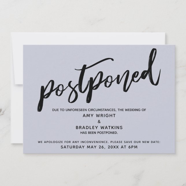 Modern Handwriting Postponed Wedding Blue Card (Front)