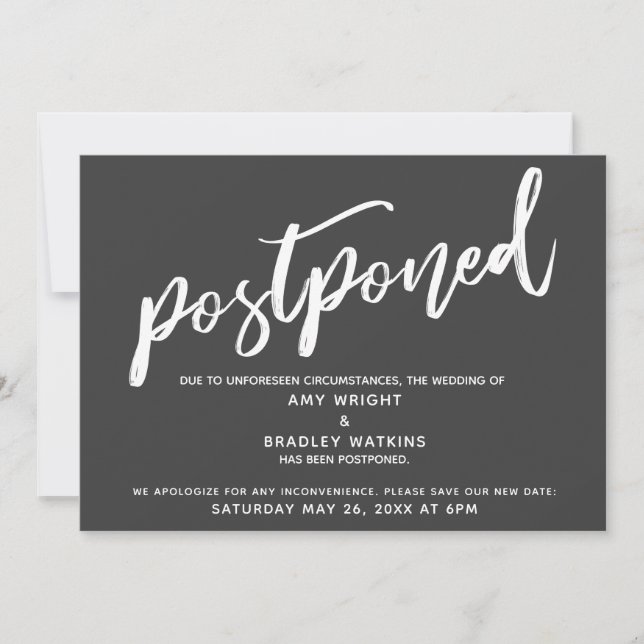 Modern Handwriting Postponed Wedding Dark Grey Invitation (Front)