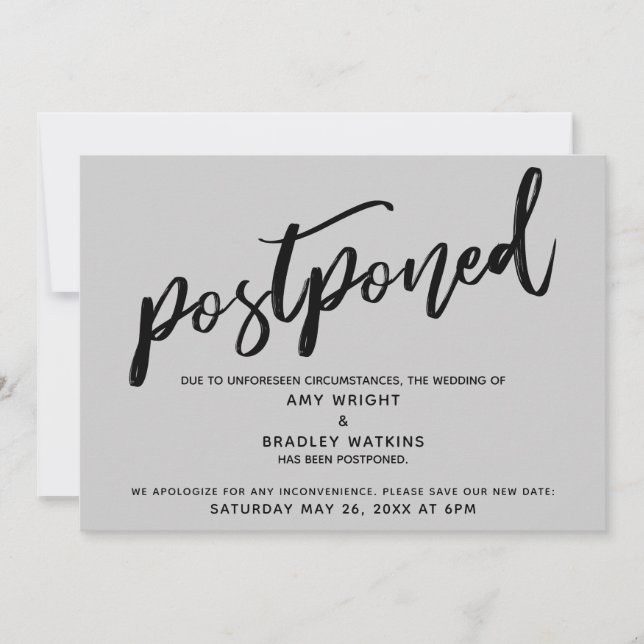 Modern Handwriting Postponed Wedding Grey Card (Front)