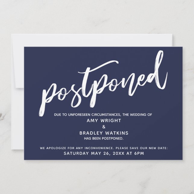 Modern Handwriting Postponed Wedding Navy Blue Invitation (Front)
