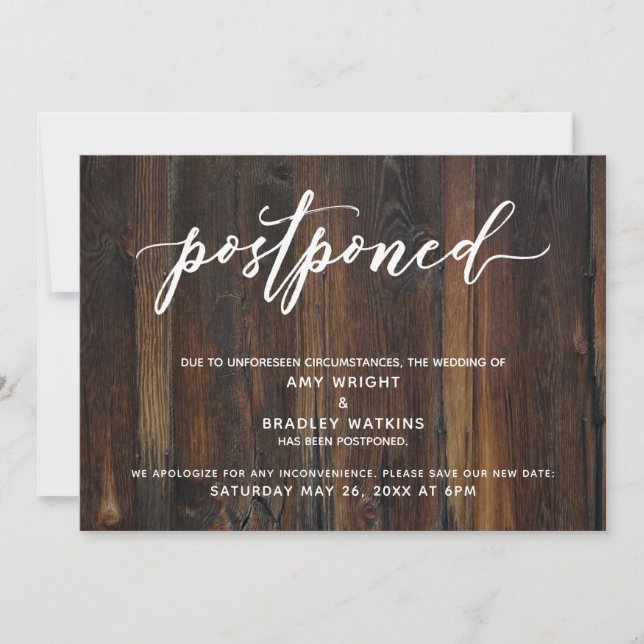 Modern Handwriting Postponed Wedding Rustic Wood Invitation (Front)