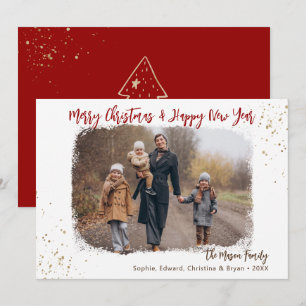 Modern Handwriting Red Gold Christmas Photo Holiday Card