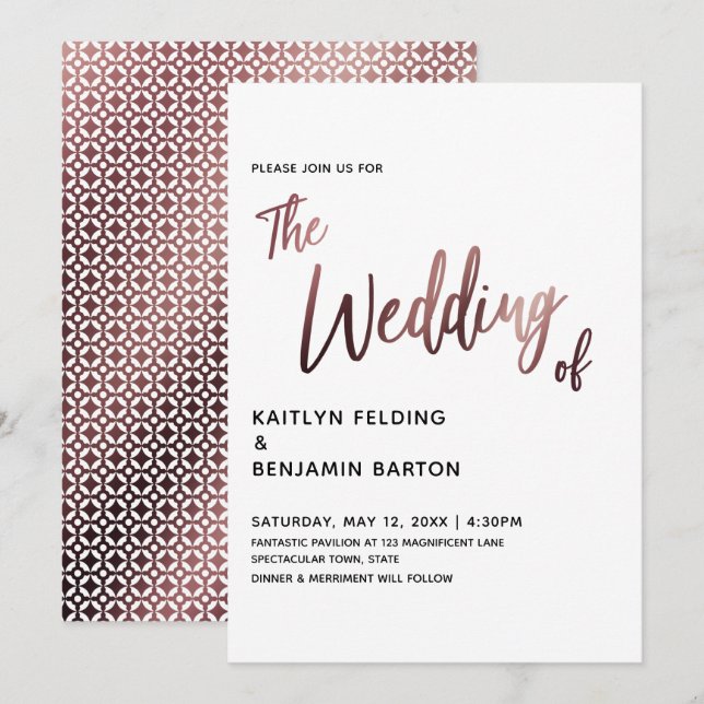 Modern Handwriting Rose Gold Wedding Invitation (Front/Back)