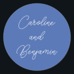 Modern Handwriting Script Wedding Name French Blue Classic Round Sticker<br><div class="desc">Stylish Modern Handwriting Script Wedding Names Classic Round Sticker in French Blue</div>
