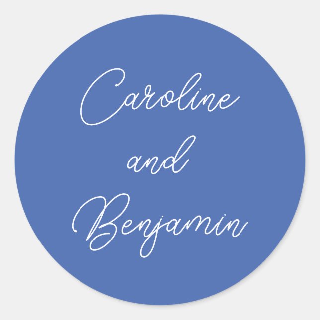 Modern Handwriting Script Wedding Name French Blue Classic Round Sticker (Front)
